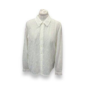Christie & Jill Womens White Button-Up Blouse VTG 90s Floral Embroidery White 1X